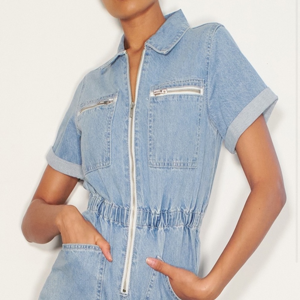 Mid Blue Wash Zip Front Denim Romper